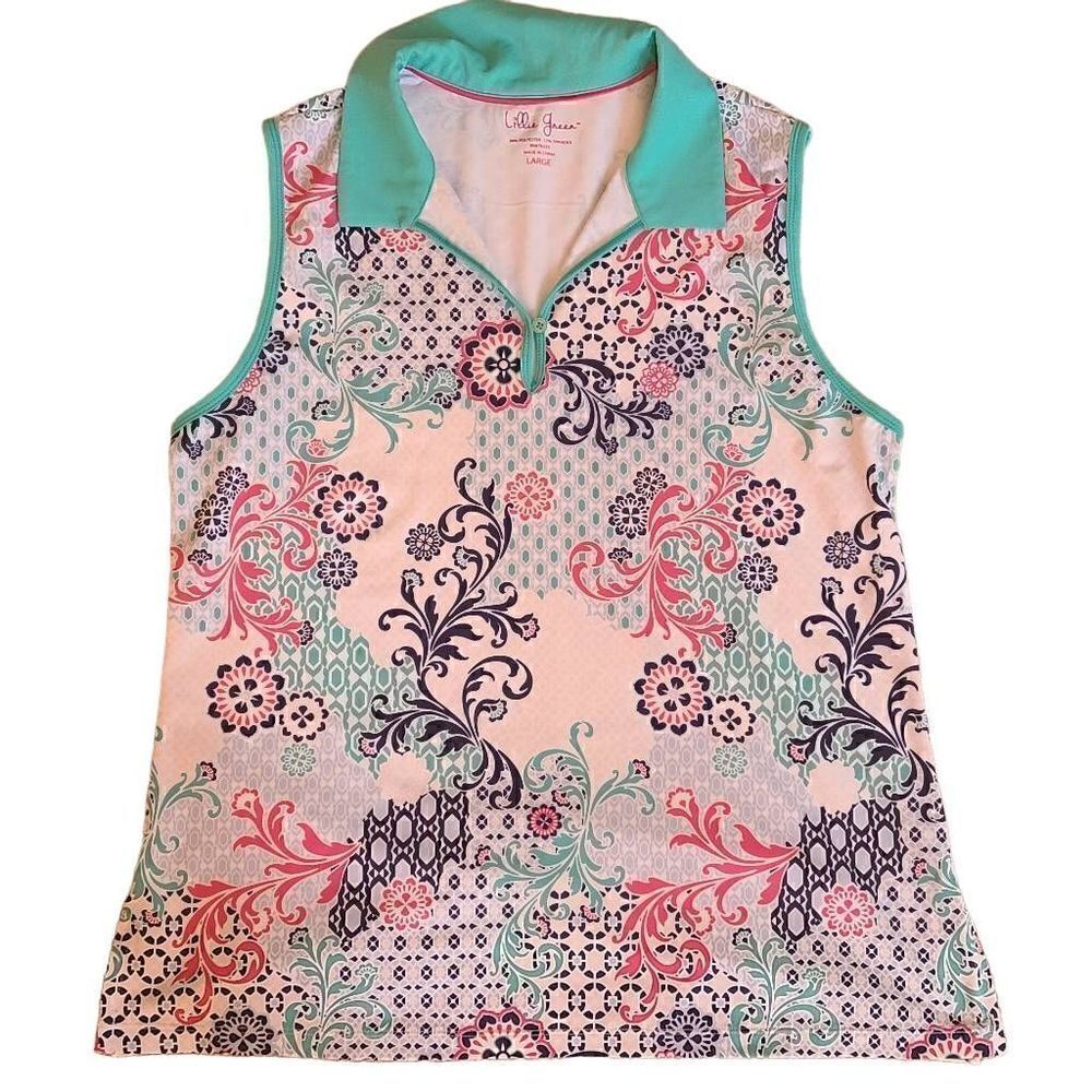 Lillie Green Womans Sleeveless Print Golf Polo Shirt Large